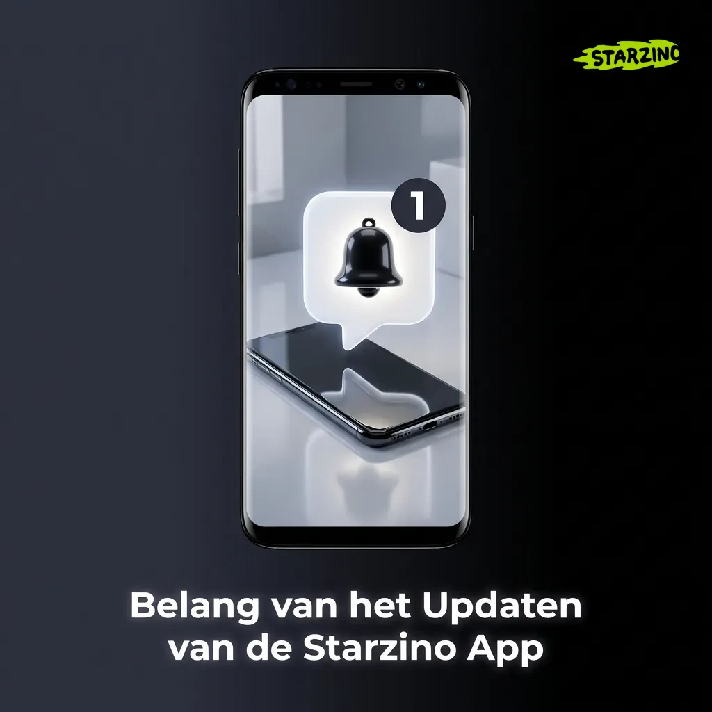 Smartphone met Starzino app-updatemelding op scherm, symbolen voor beveiliging, snelheid en nieuwe functies