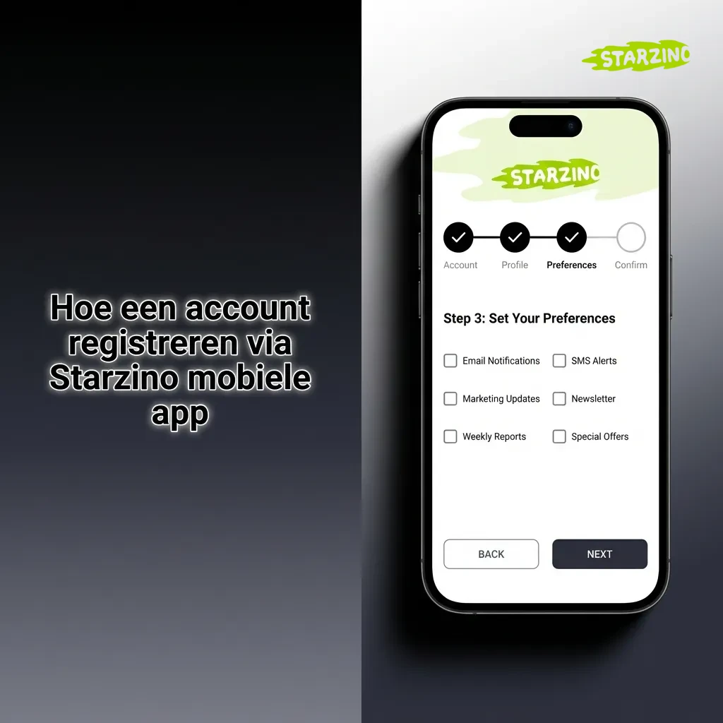 Starzino mobiele app registratiescherm met invulvelden voor e-mail, wachtwoord en persoonlijke gegevens