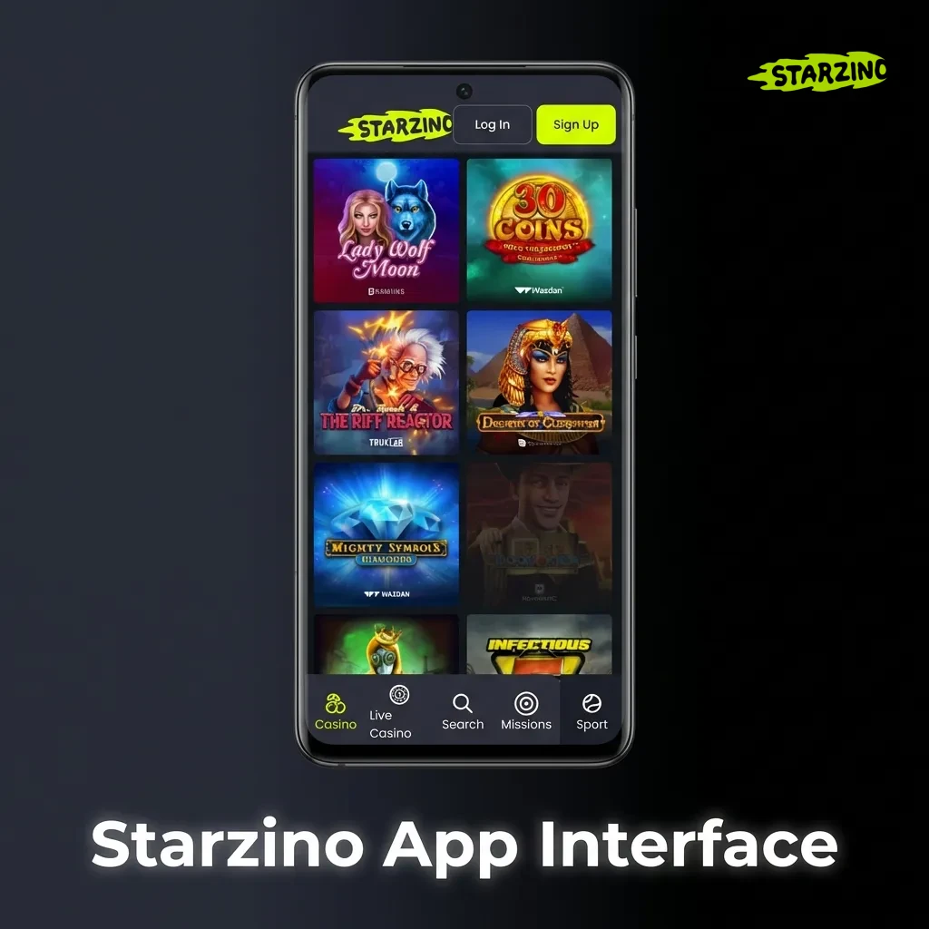 Starzino app interface showing quick access to sports betting, live casino, slots, and account management features