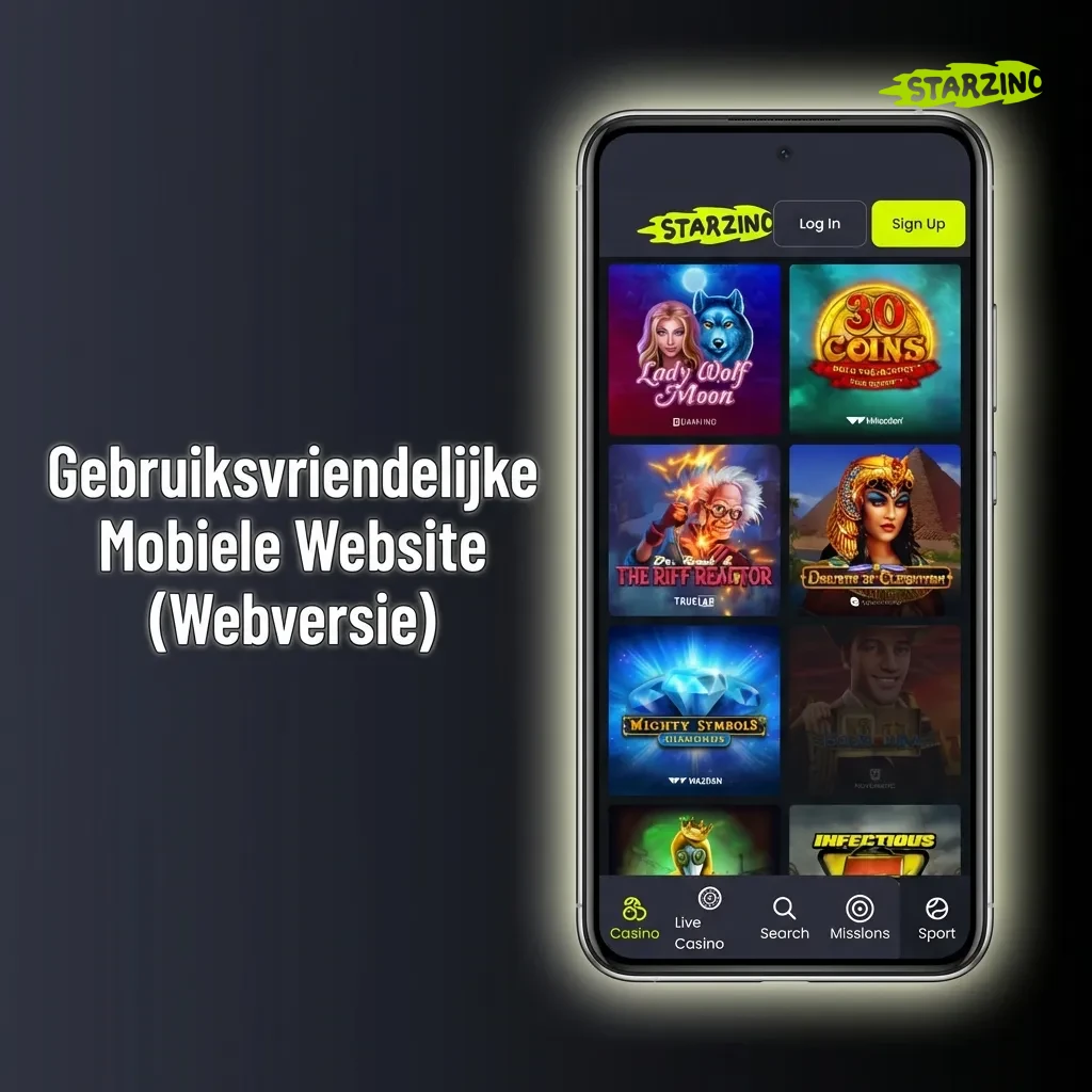 Mobiele website interface op smartphone met casino spellen, toegankelijk via browser zonder app-download