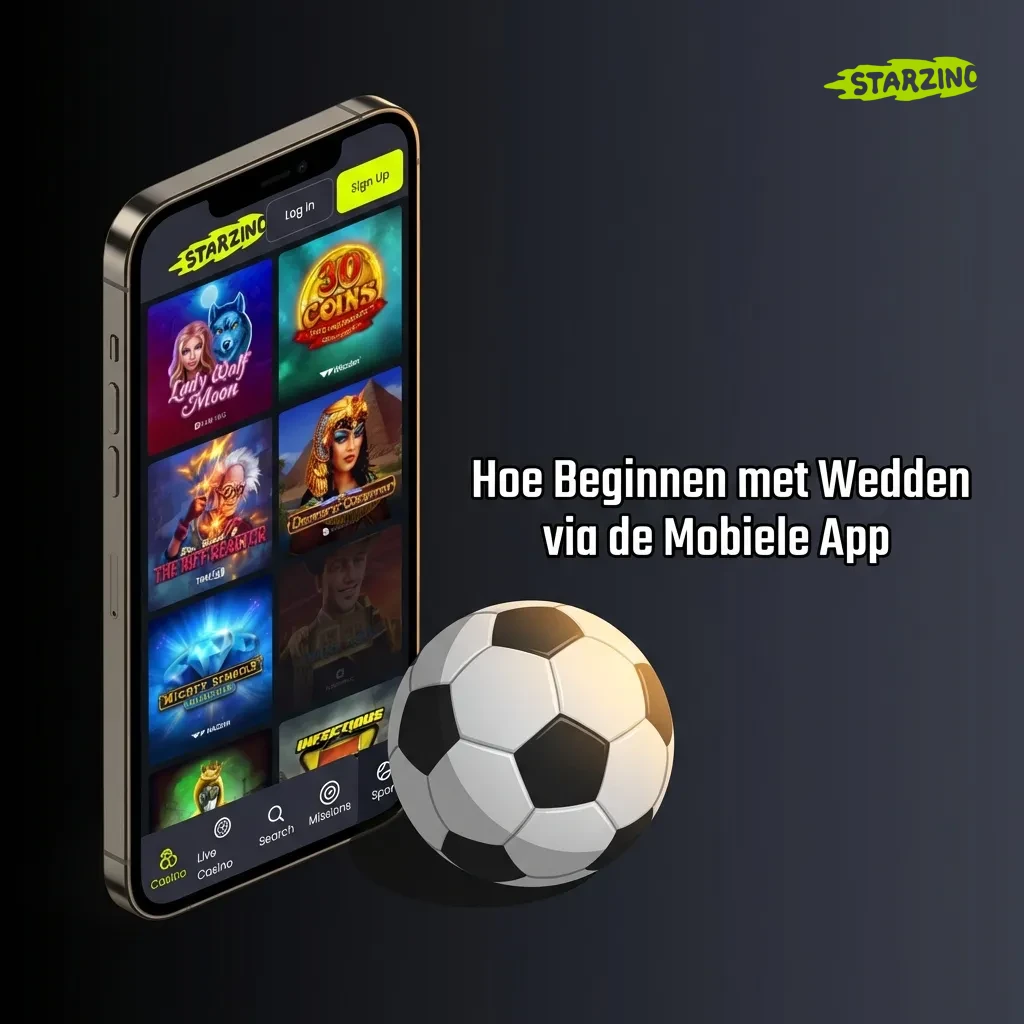 Mobiele telefoon toont Starzino sport wed-app met wedstrookje en inzetbedrag invoerveld