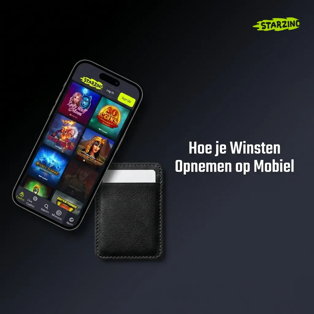 Mobiele telefoon met Starzino opnamescherm, hand selecteert bedrag en betaalmethode voor het opnemen van winsten