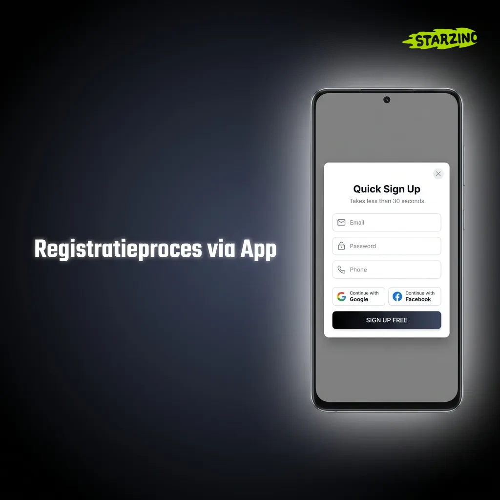 App registratieproces met formuliervelden voor e-mail, telefoon en verificatiestappen op smartphone scherm